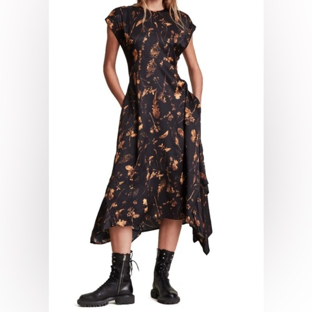 SALE! ALLSAINTS Gianna Heligan Floral Satin Midi Dress Black Gold Retro Goth